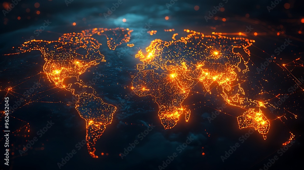 Aufkleber a futuristic abstract background with a world map brimming with digital lines and glowing points emb