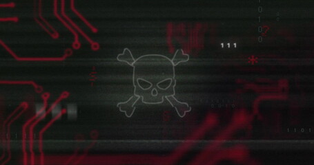 Skull and crossbones image over digital binary code and circuit board
