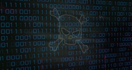 Binary code and skull with crossbones image over digital background