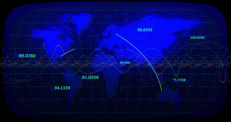 Global data transmission image over world map with numerical coordinates