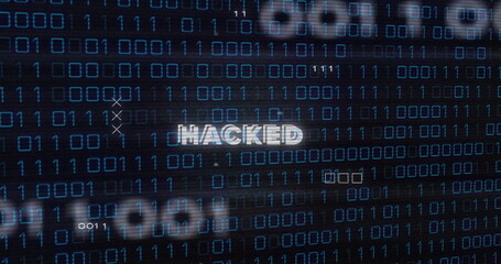 Binary code with HACKED text image over dark background