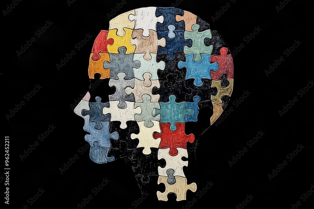 Poster neural capability neural pathways silhouette of a human head with puzzle pieces in vibrant colors sy