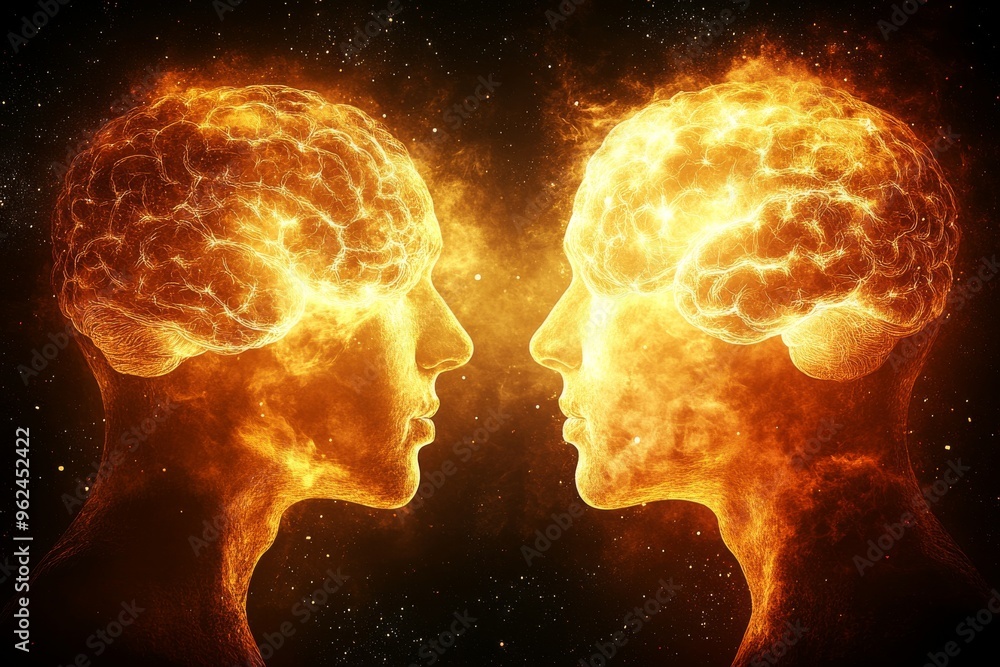 Poster cranial organ prefrontal cortex fiery abstract depiction of two glowing brains facing each other sym