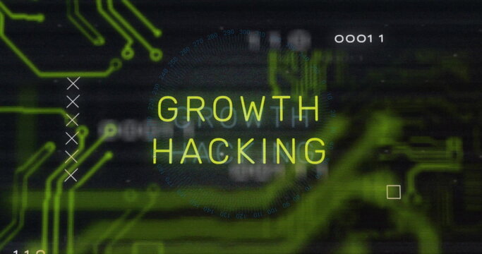 Growth hacking text image over green circuit board graphics - Powered by Adobe