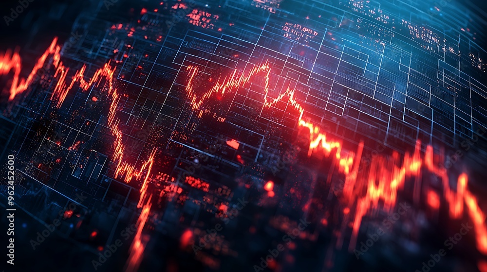 Aufkleber abstract financial data visualizes with red lines and a digital grid, showcasing the complexities of