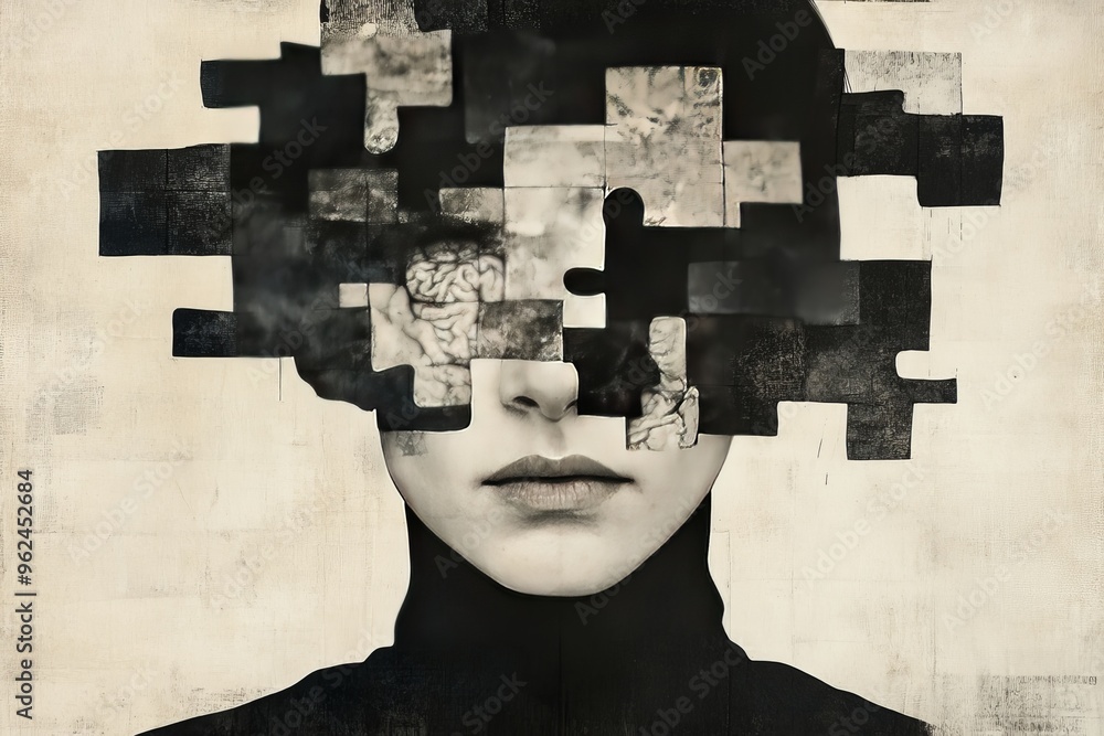 Poster cognitive processing prefrontal cortex surreal black and white portrait of a woman with a fragmented