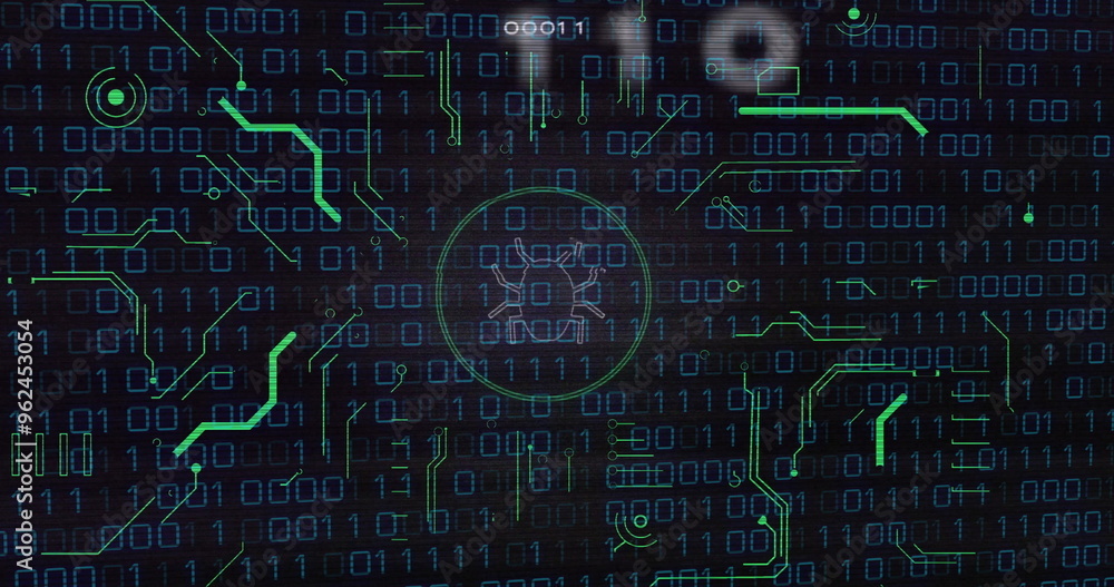 Aufkleber binary code and bug icon, cybersecurity threat detection image