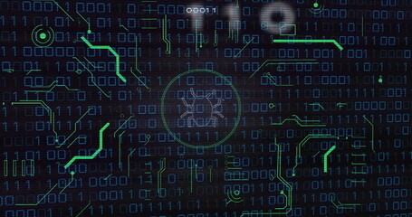 Binary code and bug icon, cybersecurity threat detection image