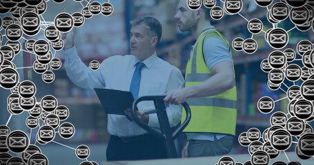 Image of envelope icons over male worker in warehouse