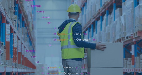 Image of data processing over caucasian male worker in warehouse