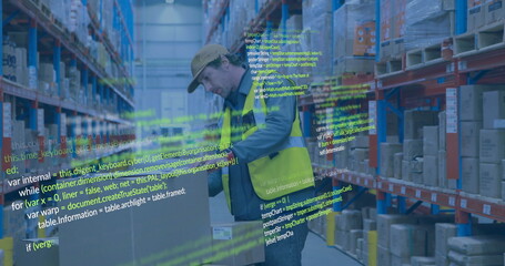 Image of data processing over caucasian male worker in warehouse