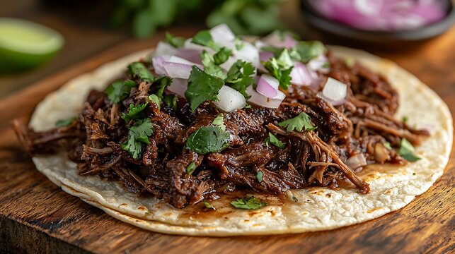 Tender beef barbacoa tacos garnished with fresh cilantro and onion create a mouthwatering dish that captures the essence of bold, classic flavors.