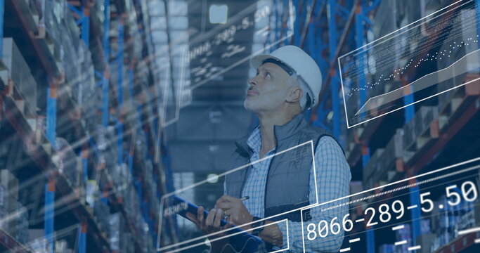 Image of data processing over male worker in warehouse