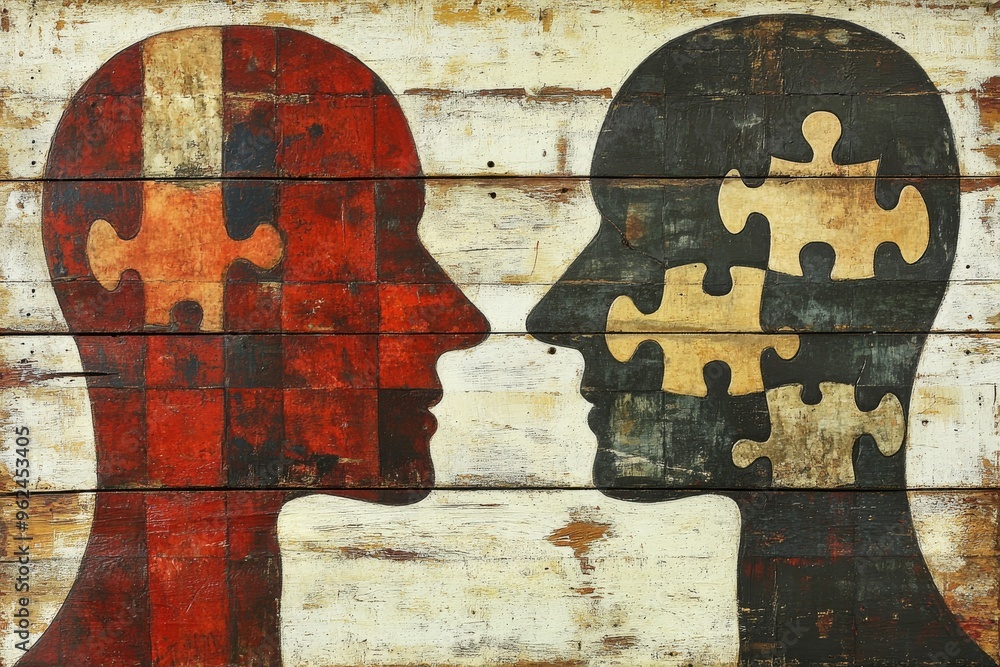 Poster brain chip prefrontal cortex silhouetted heads made of puzzle pieces facing each other symbolizing t