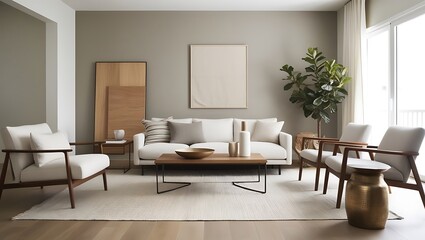 Fototapeta premium Elegant Minimalist Living Room Design with Neutral Tones, Sleek Furniture, and Subtle Natural Accents