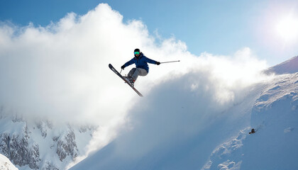 A skier leaps in snowy mountains on a sunny day, leaving clouds of snow and dust in his wake.








