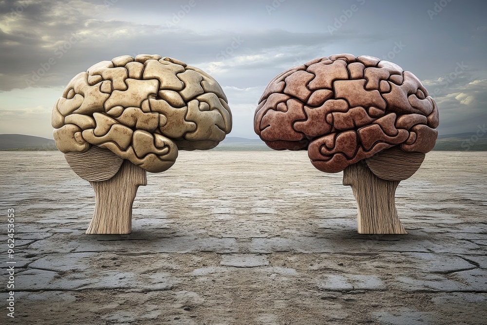 Poster cerebral processing prefrontal cortex mushroom shaped puzzle brains standing on a cracked desert gro