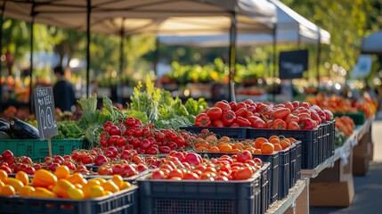 Fresh tomatoes and peppers on display at a farmers market.