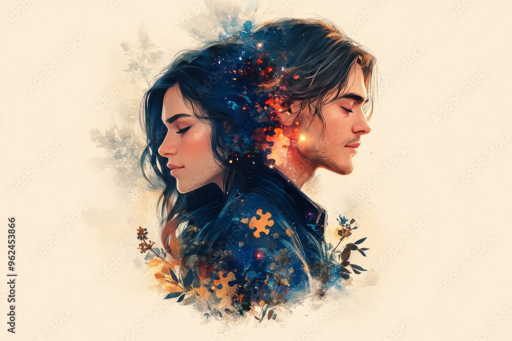 Poster neural architecture prefrontal cortex artistic double portrait of a man and woman facing each other 