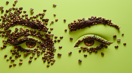 Naklejka premium Creative composition featuring eyes made of coffee beans and chocolate on a vibrant green background. Each eye is intricately designed with a mix of whole beans and ground coffee, creating a visually