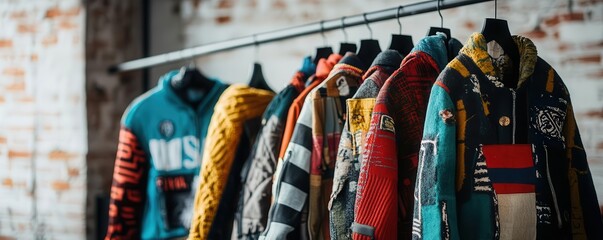 Upcycled fashion collection in an urban setting, ethical design, sustainable streetwear