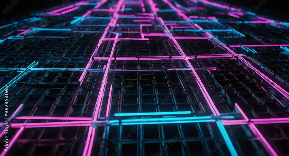 Poster neon tech grid light pathways abstract background