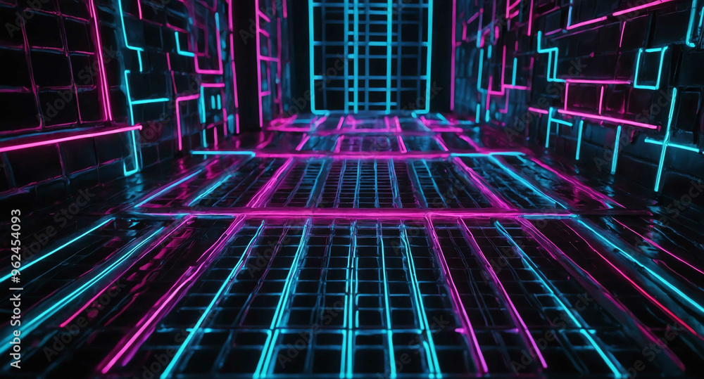 Aufkleber Neon tech grid light pathways abstract background