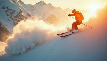 Naklejka premium A skier leaps in snowy mountains on a sunny day, leaving clouds of snow and dust in his wake.