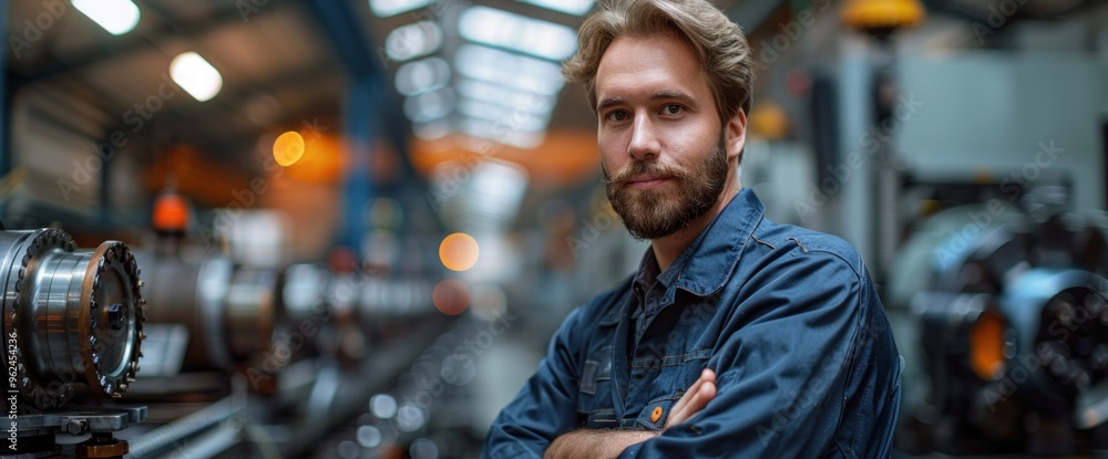 Poster a man with a beard stands in front of a machine