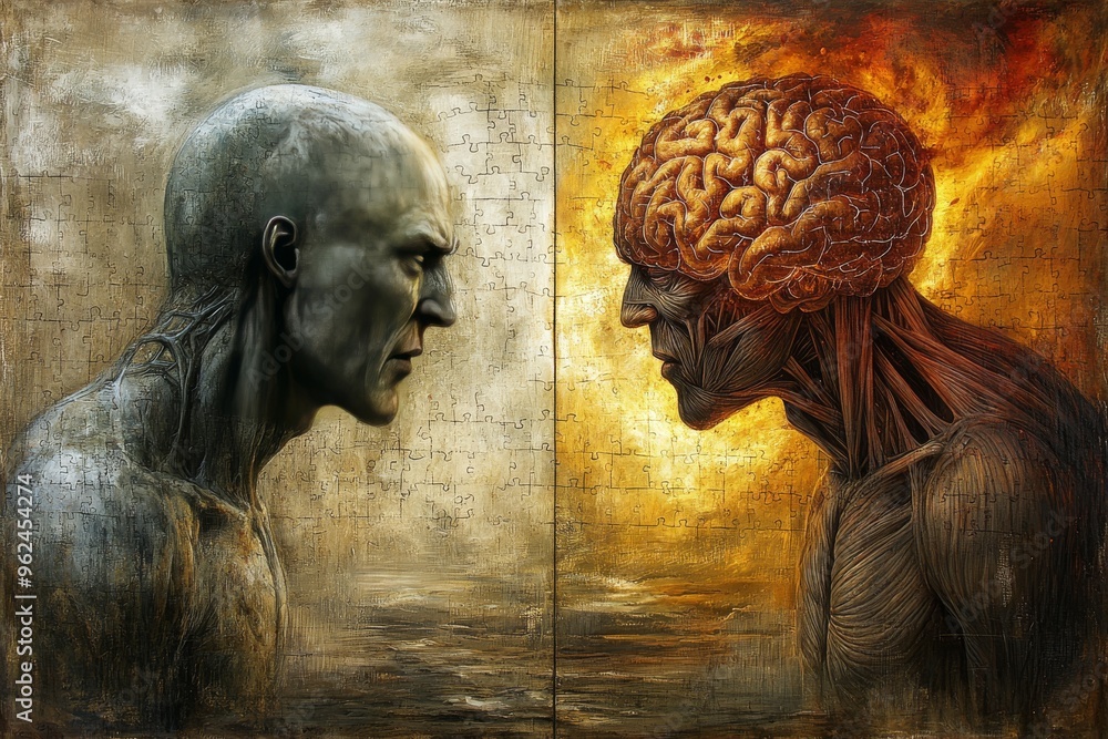 Poster Cerebral activity Prefrontal cortex Surreal depiction of two elderly figures one with exposed brain and skeletal features symbolizing aging intellect and the fragility of life