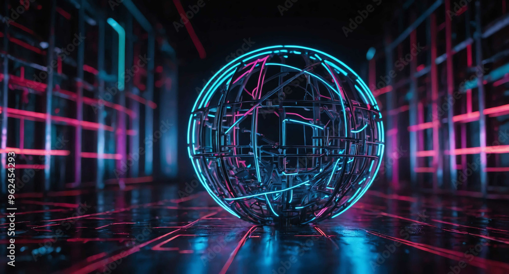 Poster neon tech sphere with connections abstract background