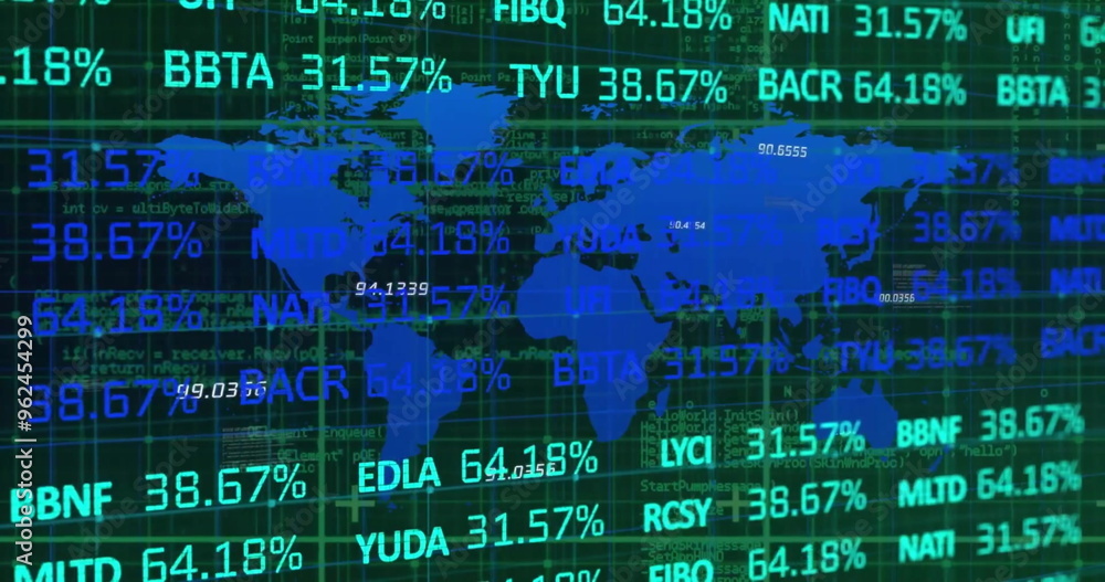 Poster image of financial data processing over world map on dark background