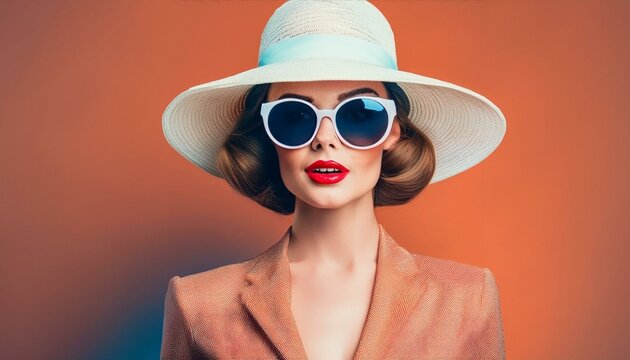 Retro style woman with hat and sun glasses; vintage fashion