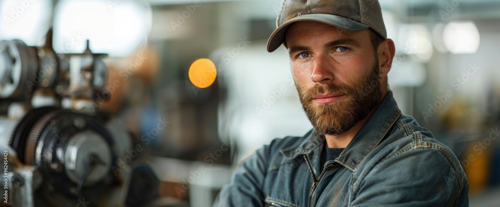 Poster a man with a beard and a hat is standing in front of a machine