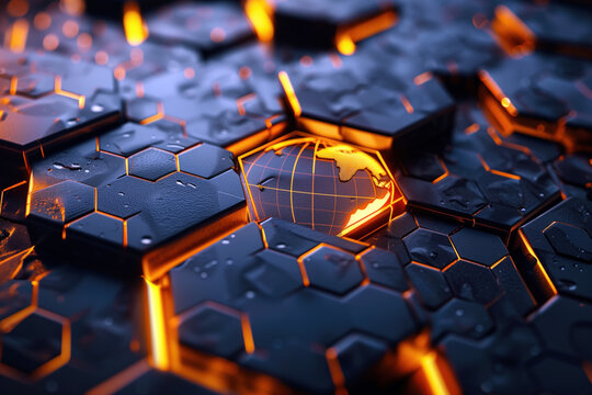 A close up of a globe with a yellow outline. The globe is surrounded by a black hexagonal pattern