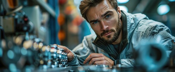 A man in a blue jacket is working on a machine