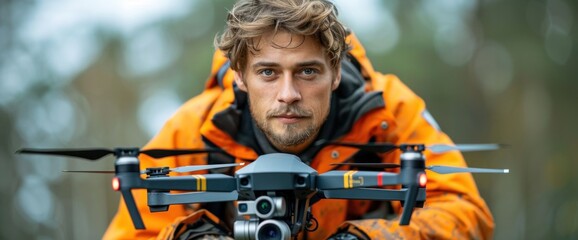 A man in an orange jacket is holding a drone