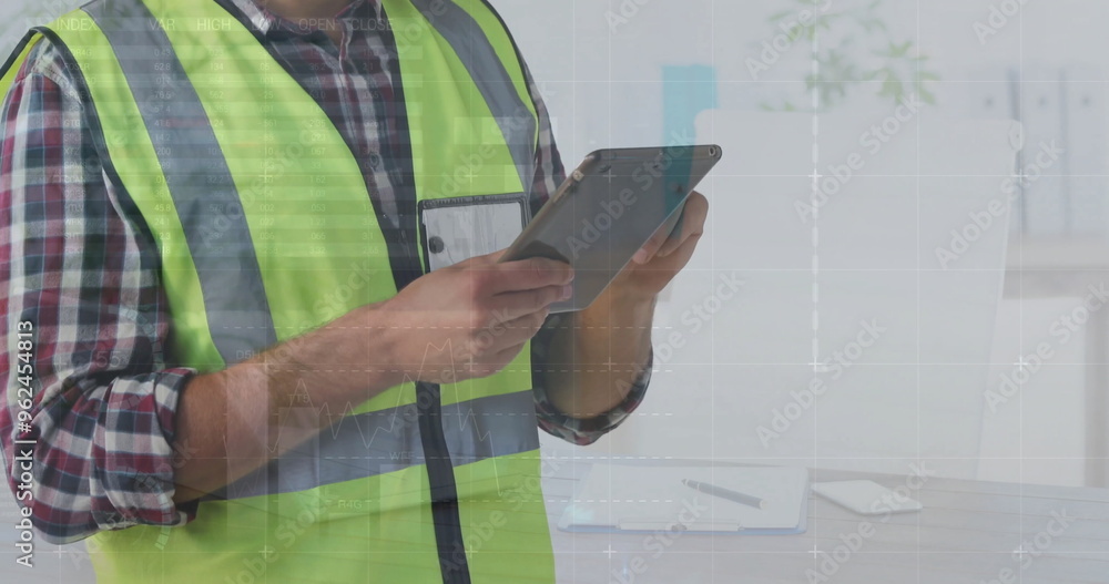 Poster image of financial data processing over caucasian male architect using tablet