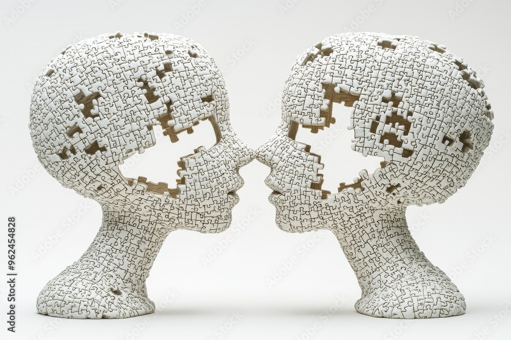 Poster neural processors prefrontal cortex sculptural heads made of white puzzle pieces facing each other s