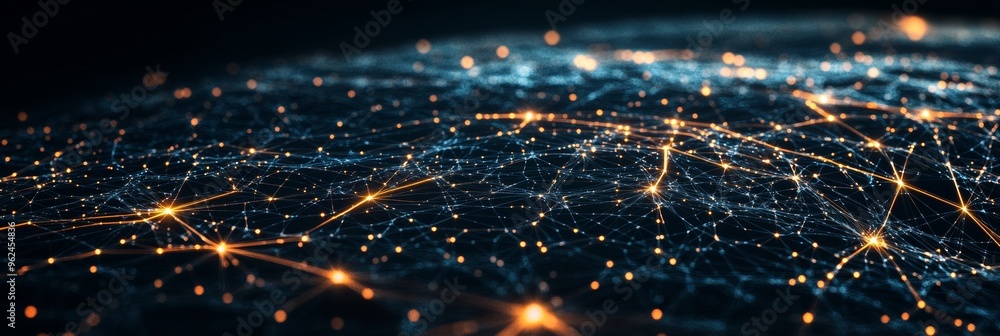 Poster abstract concept of global network connections with flowing data streams and bright light streaks ac