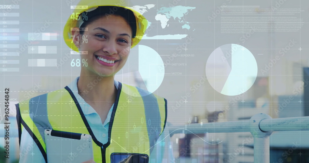 Poster image of financial data processing over caucasian female architect using tablet
