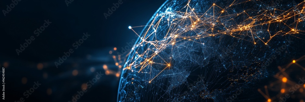 Poster abstract concept of global network connections with flowing data streams and bright light streaks ac