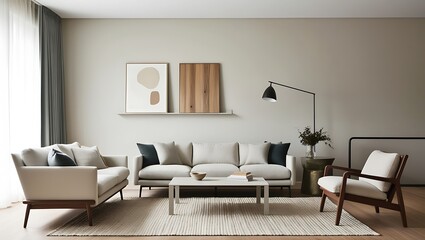 Elegant Minimalist Living Room Design with Neutral Tones, Sleek Furniture, and Subtle Natural Accents