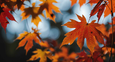 Orange and red maple leaves abstract background