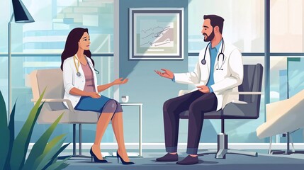 Female patient talking to male primary care doctor in hospital office Vector character illustration