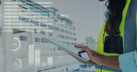 Image of financial data processing over biracial female architect using tablet