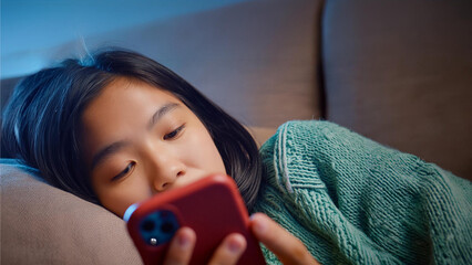 A child using smart phone lying in bed late at night, playing games, watching videos online, scrolling screen. Children's screen addiction and parent control concept. Child's room at night
