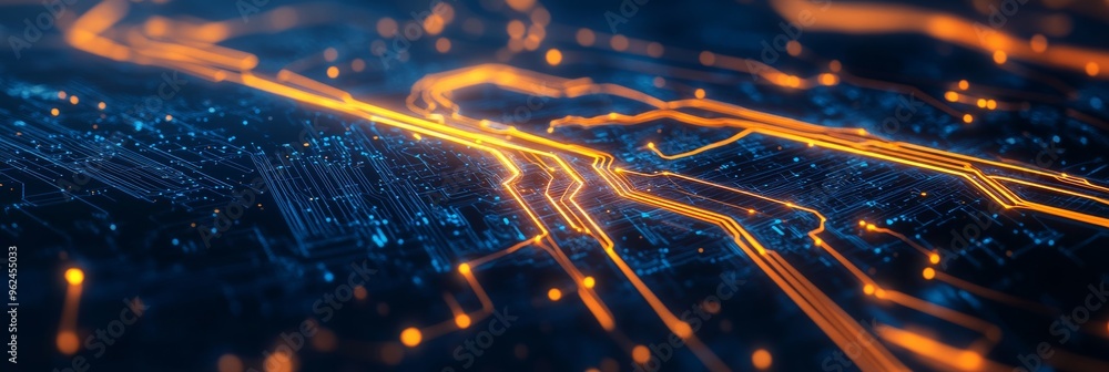 Poster abstract illustration of a digital system with bright light effects, 3d geometric shapes, and flowin