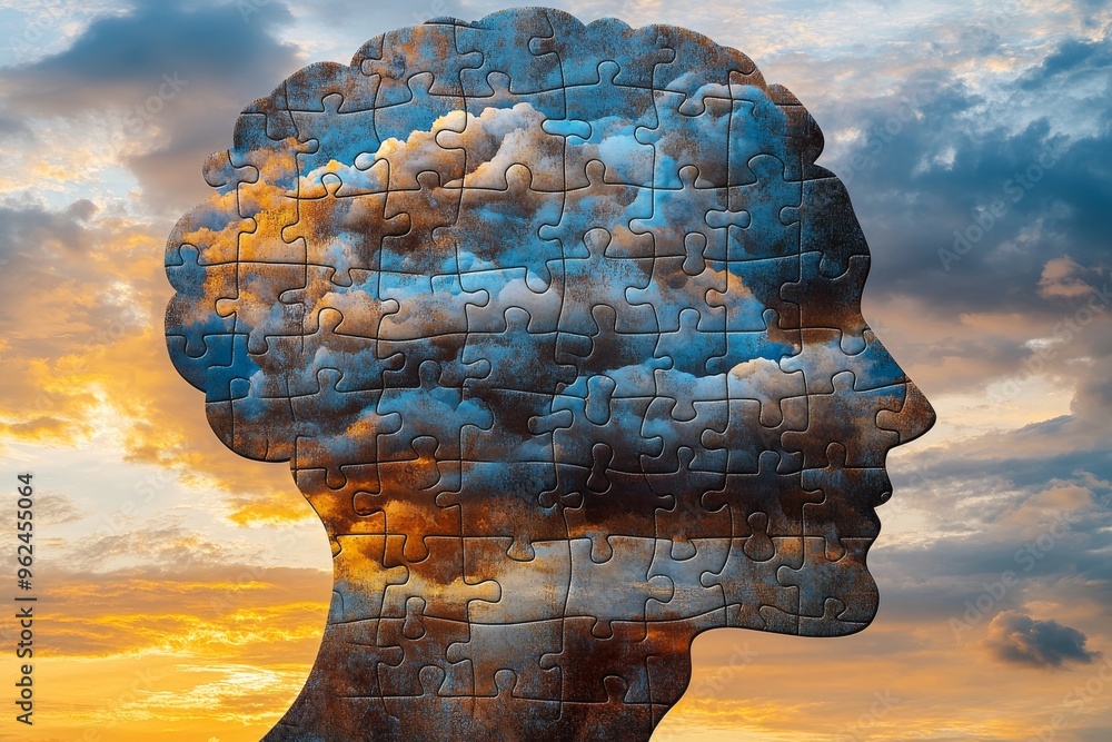 Poster brain prefrontal cortex silhouette of a human head made of sky and clouds in puzzle shapes symbolizi