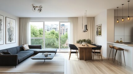 Fototapeta premium Modern Living Room with Large Windows and Dining Area